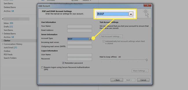 A opção IMAP na configuração da conta do Outlook