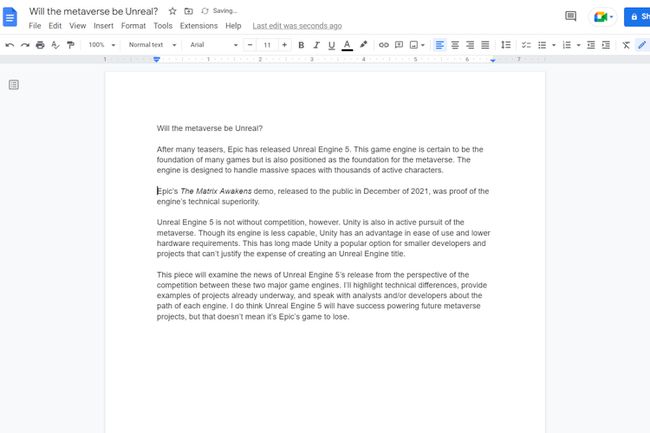 Um Google Docs aberto com o cursor posicionado na frente de uma citação em bloco.