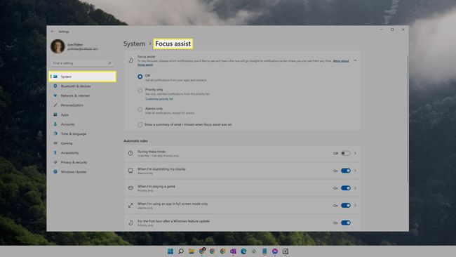 Stránka nastavení Windows 11 Focus assist.
