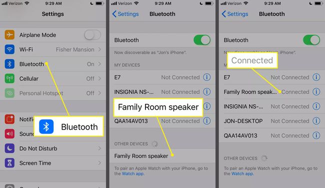 iPhone Bluetooth nustatymai, kuriuose rodomos jungčių parinktys