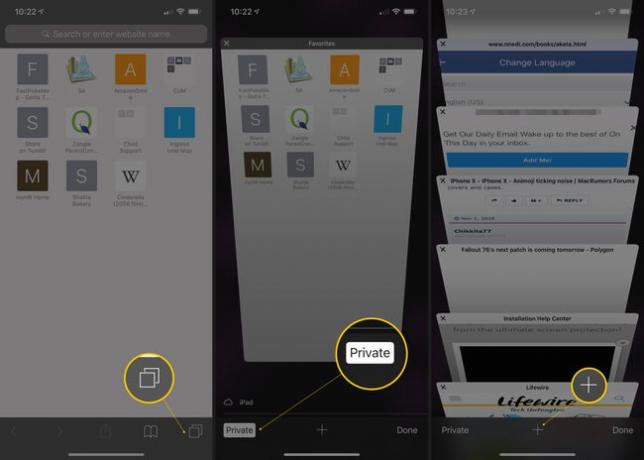 新しいウィンドウ、プライベートブラウジング、およびプライベートブラウジングモードを終了するためのプラスボタンを表示する3つのiOS画面