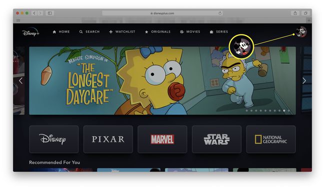 Disney+ într-un browser web cu pictograma de profil evidențiată