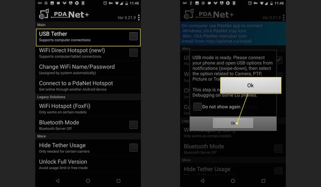 צילומי מסך של PdaNet עם הלחצנים USB Tether ואישור מודגשים