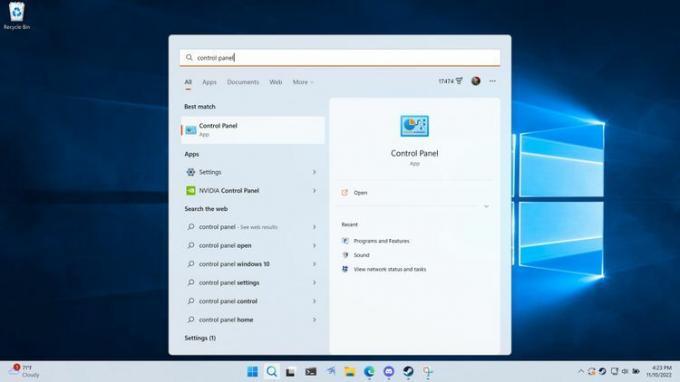 Panel sterowania podświetlony w wyszukiwarce Windows 11.