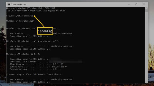 ipconfig en el símbolo del sistema