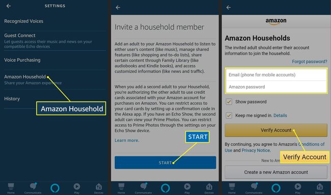 Bildschirme zum Hinzufügen eines Benutzers in der Alexa-App