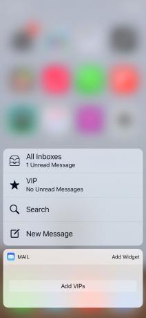 Captura de tela de um atalho 3D Touch do aplicativo Mail