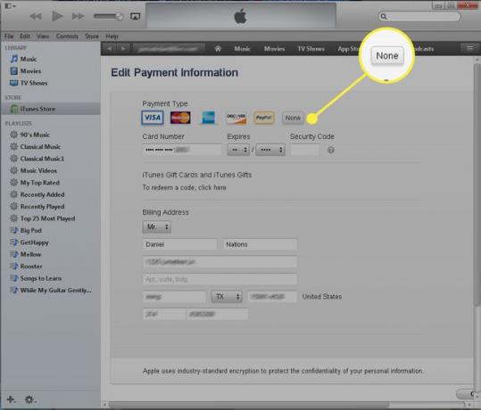 En skärmdump av iTuness skärm Redigera betalningsinformation med knappen Ingen markerad