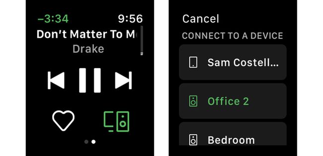 Screenshots van Spotify en Apple Watch die laten zien hoe je moet kiezen welke luidspreker de audio moet afspelen.