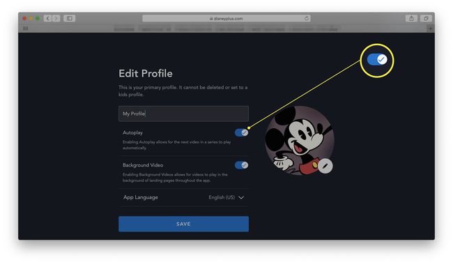 Disney+ într-un browser web cu comutatorul Autoplay evidențiat