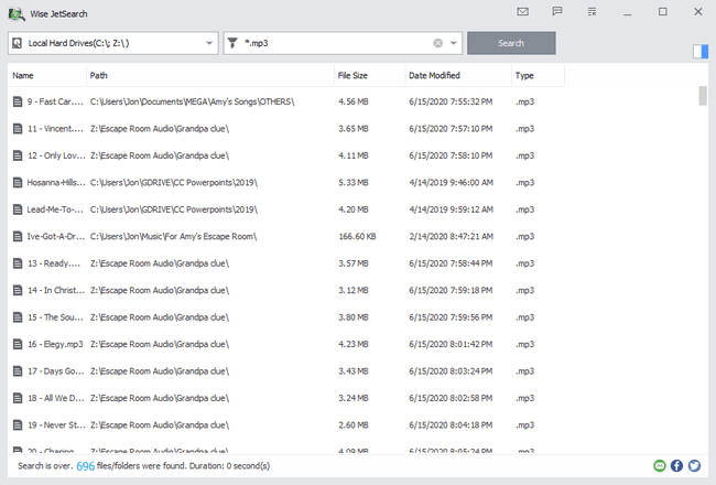 Lista Wise JetSearch de MP3s no Windows 10