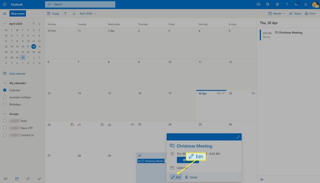 Microsoft Teamsi sündmuse redigeerimine rakenduses Outlook for Web