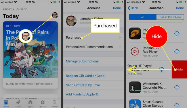 Capturas de pantalla de la App Store de iOS que muestran cómo ocultar una aplicación comprada