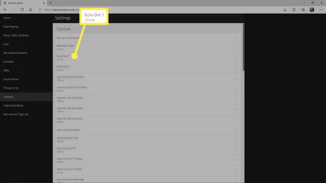 Alexa設定Webサイトのデバイスメニューで強調表示されているEchoDot 1