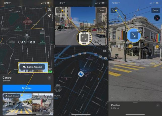 Botão Olhar ao redor, botões Expandir, Des-Expandir no Apple Maps Olhar ao redor
