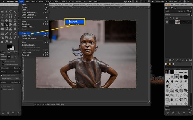 Exportmenü in Gimp für macOS