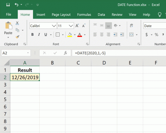 Przykład funkcji DATE w programie Excel z dniem ujemnym