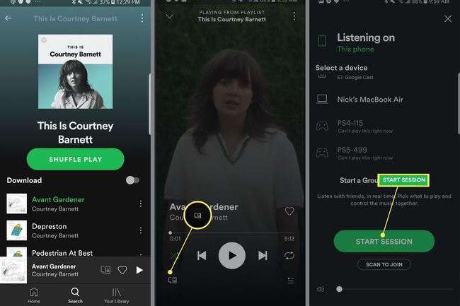 Wybór utworu i rozpoczęcie sesji grupowej w Spotify na Androida.