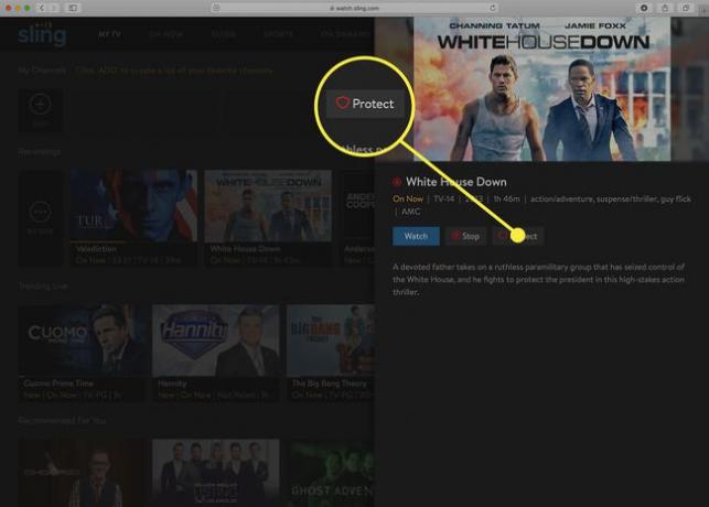Bir DVR kaydını Korumak için Sling TV seçeneğinin ekran görüntüsü.