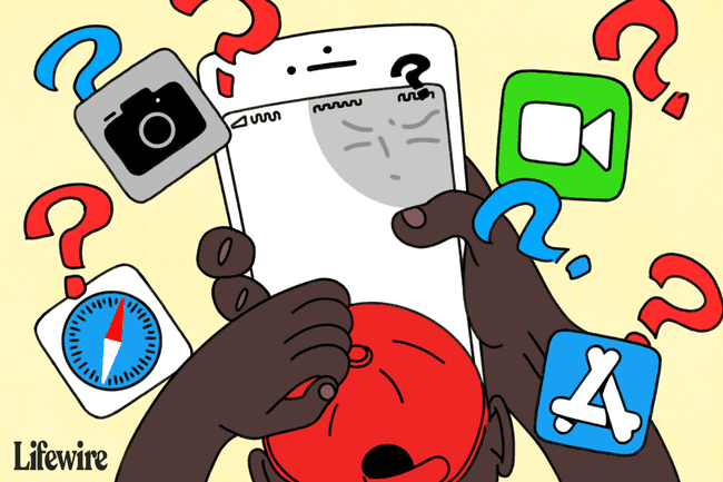 Ilustração de uma pessoa coçando a cabeça enquanto procura aplicativos no iPhone