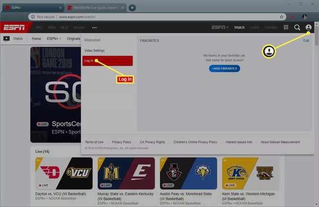 Ecranul de conectare ESPN.com