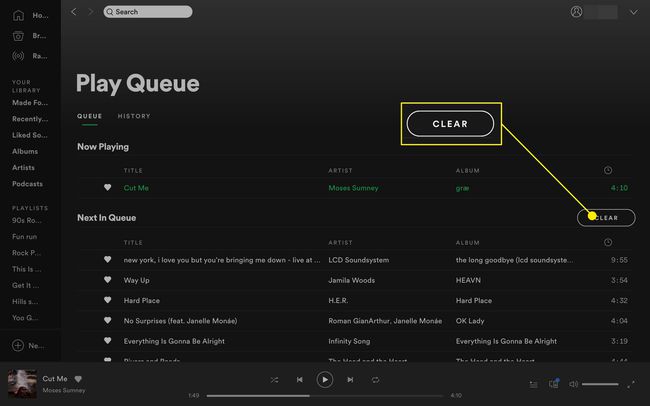 Wyczyść przycisk kolejki w aplikacji komputerowej Spotify