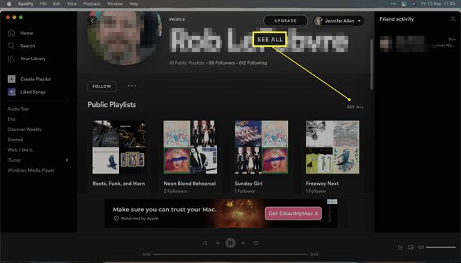 Spotify med en vän öppen och Se alla bredvid Offentliga spellistor markerad