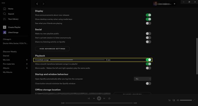 Ustawienia Spotify Crossfade.