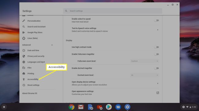 Accesibilitate evidențiată în Setările Chromebookului