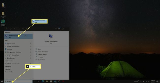 Järjestelmätietojen etsiminen ja avaaminen Windows 10:ssä.