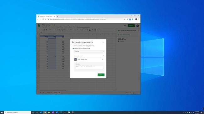 A caixa de diálogo de permissões de edição de intervalo é aberta no Planilhas Google