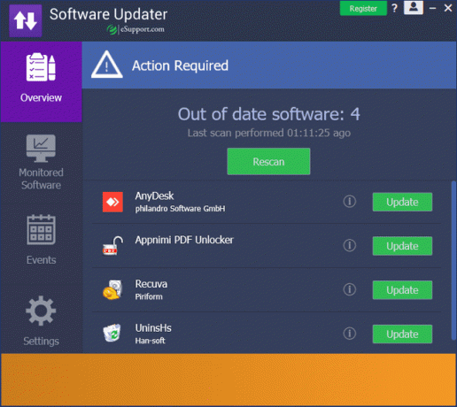 Näyttökaappaus Software Updater -ohjelmasta eSupportista
