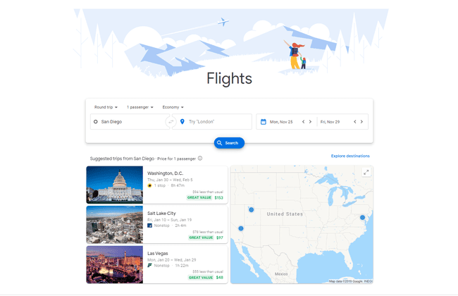 Googleフライトのホームページ