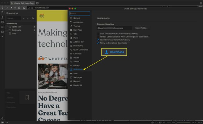 La pestaña Descargas en la configuración de Vivaldi