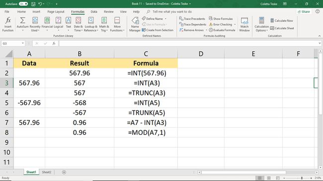 Exceli ekraanipilt, mis näitab INT, TRUNC ja MOD funktsioone