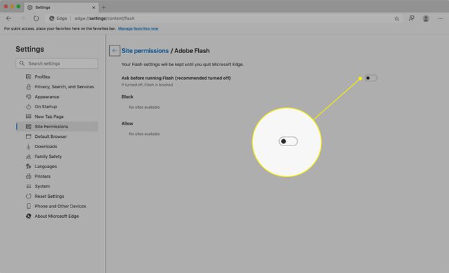 El interruptor " Preguntar antes de ejecutar Flash" en Edge
