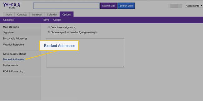 Link Endereços bloqueados na página do Yahoo Mail Basic