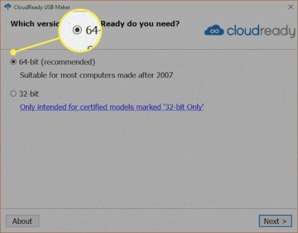 Das Cloudready-Installationsfenster mit hervorgehobenem '64-Bit'