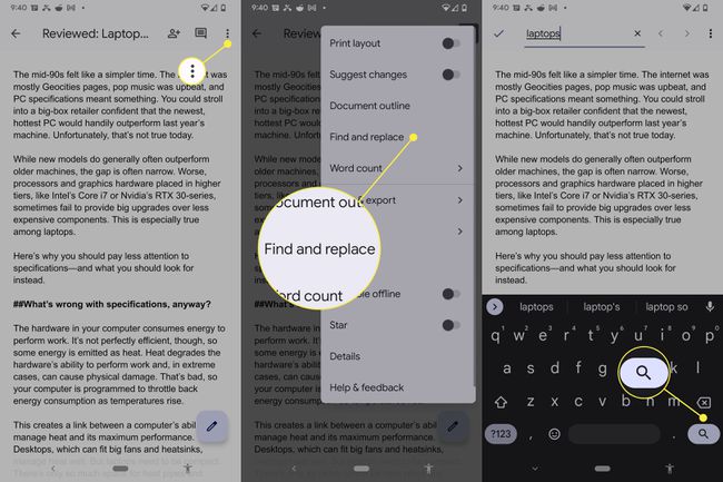 Pașii evidențiați care arată cum să utilizați Găsiți și înlocuiți pentru a căuta în Google Docs în Android.