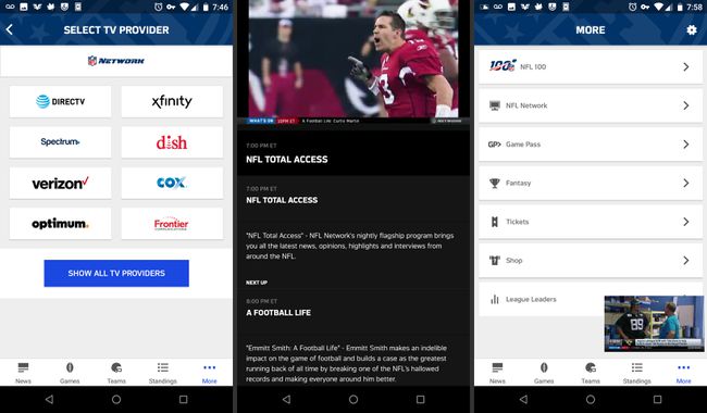 Aplikacja mobilna NFL Strony strumieniowe NFL Network