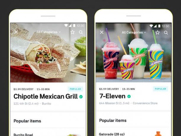 Dva snímky obrazovky aplikace Postmates na chytrém telefonu.