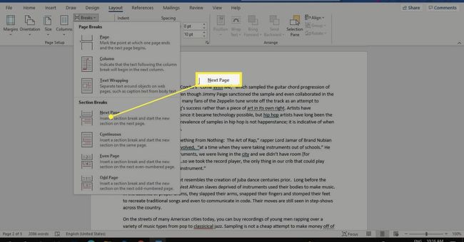 Microsoft Word Düzeni sekmesinde Son ve Sonraki Sayfa