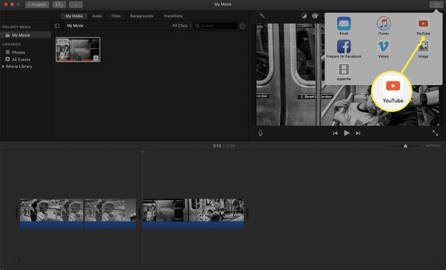 iMovie Share -välilehti, jossa You Tube -kuvake on korostettuna.