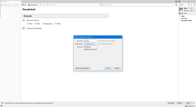 E-posti andmete sisestamine Thunderbirdis uue konto seadistamiseks.