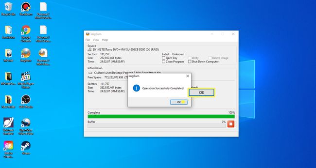 Επιλέξτε OK όταν η γραμμή ολοκλήρωσης στο κάτω μέρος του ImgBurn φτάσει το 100 τοις εκατό.