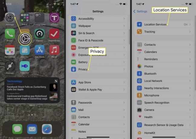 Instellingen-app, privacy en locatieservices gemarkeerd op iOS