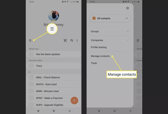 De Samsung Contacten-app met het menu en 'Contacten beheren' gemarkeerd