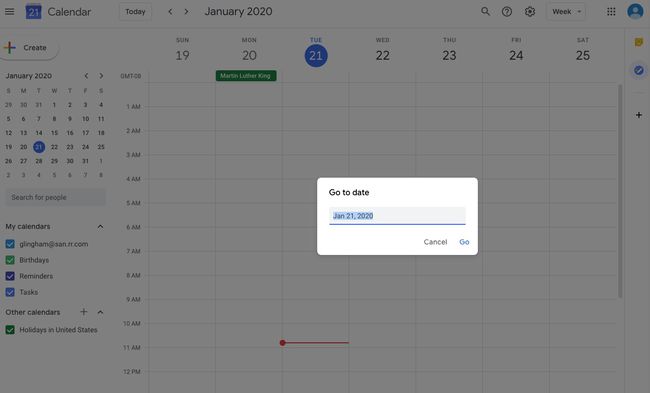 Screenshot van Google Agenda Ga naar Datum-functie