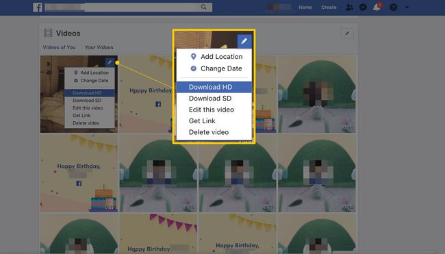 Опције преузимања на страници Ваши видео записи на Фацебоок-у, укључујући ХД и СД