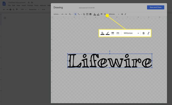 A barra de ferramentas de contexto para Word Art no Google Docs.